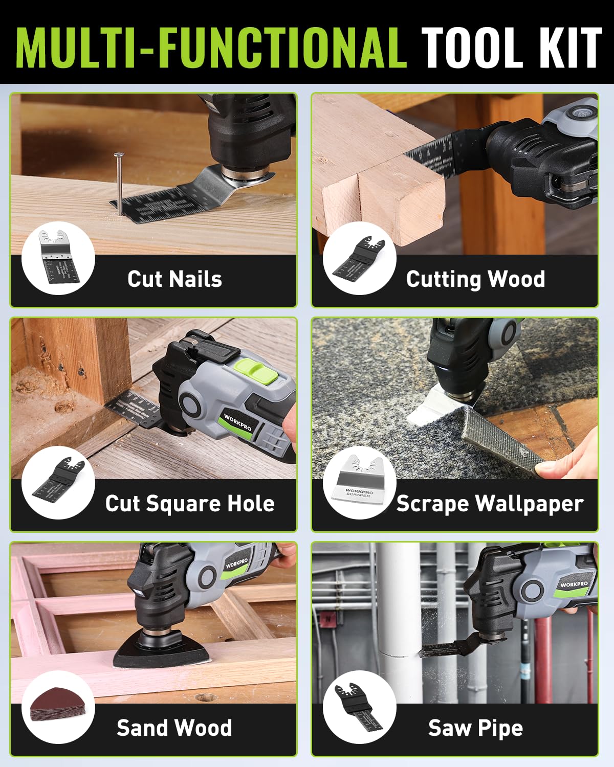 WORKPRO 20V Oscillating Tool Kit, Cordless and Brushless 19,000 RPM Orbiting Multi Tool with 6 Variable Speeds, 3.6°Oscillation Angle, 21pcs Saw Accessories, 1 Rechargeable Battery and Carrying Bag