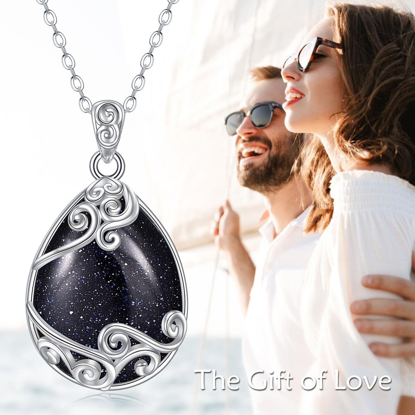 YAFEINI 925 Sterling Silver Blue Sandstone Necklace Filigree Teardrop Pendant Necklace Jewelry for Women (FF-Blue Sandstone Filigree Necklace)