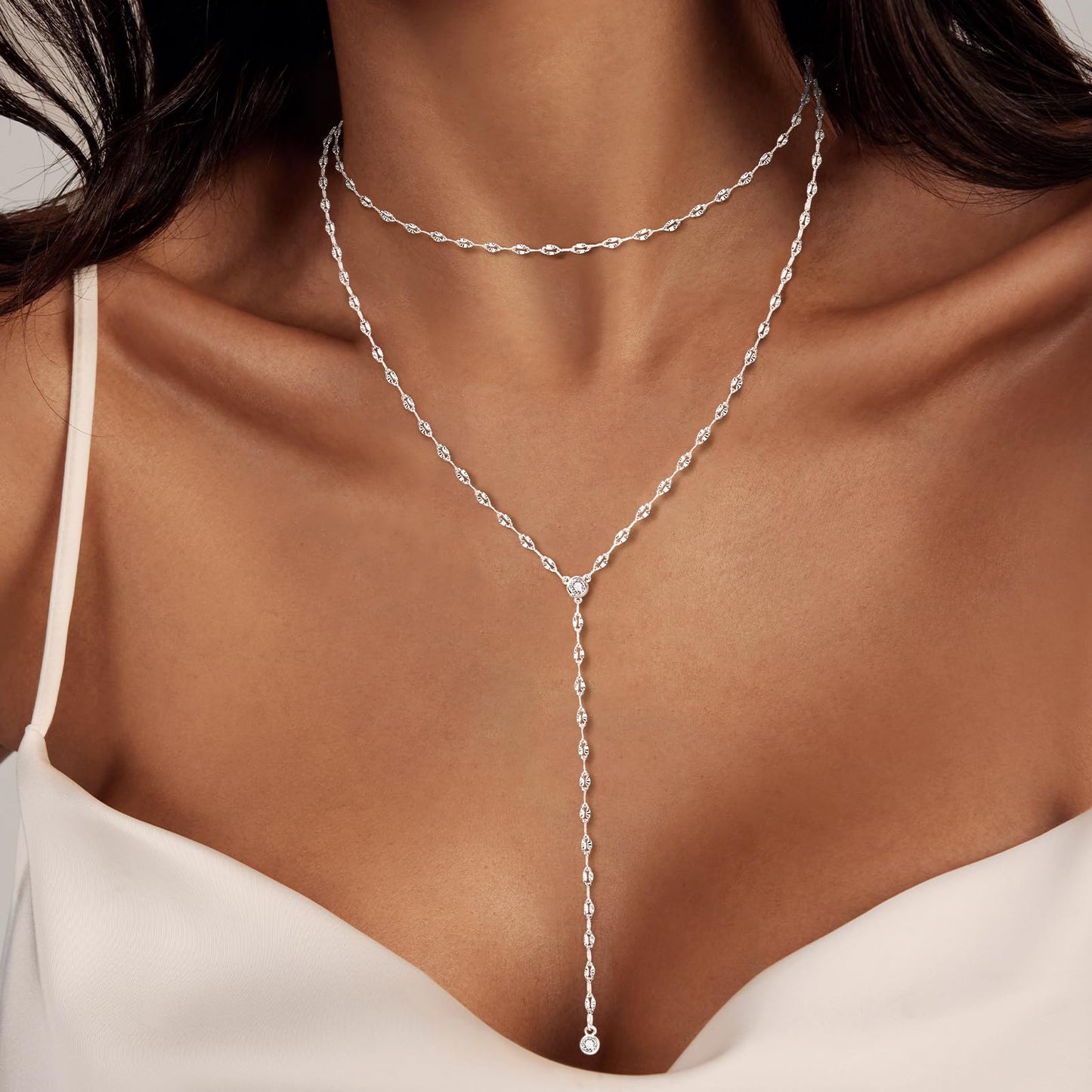Luxval Silver Necklace for Women Dainty 14K Silver Plated Layered Necklaces for Women Trendy Lariat Shinny CZ Long Necklace Simple Jewelry Gifts