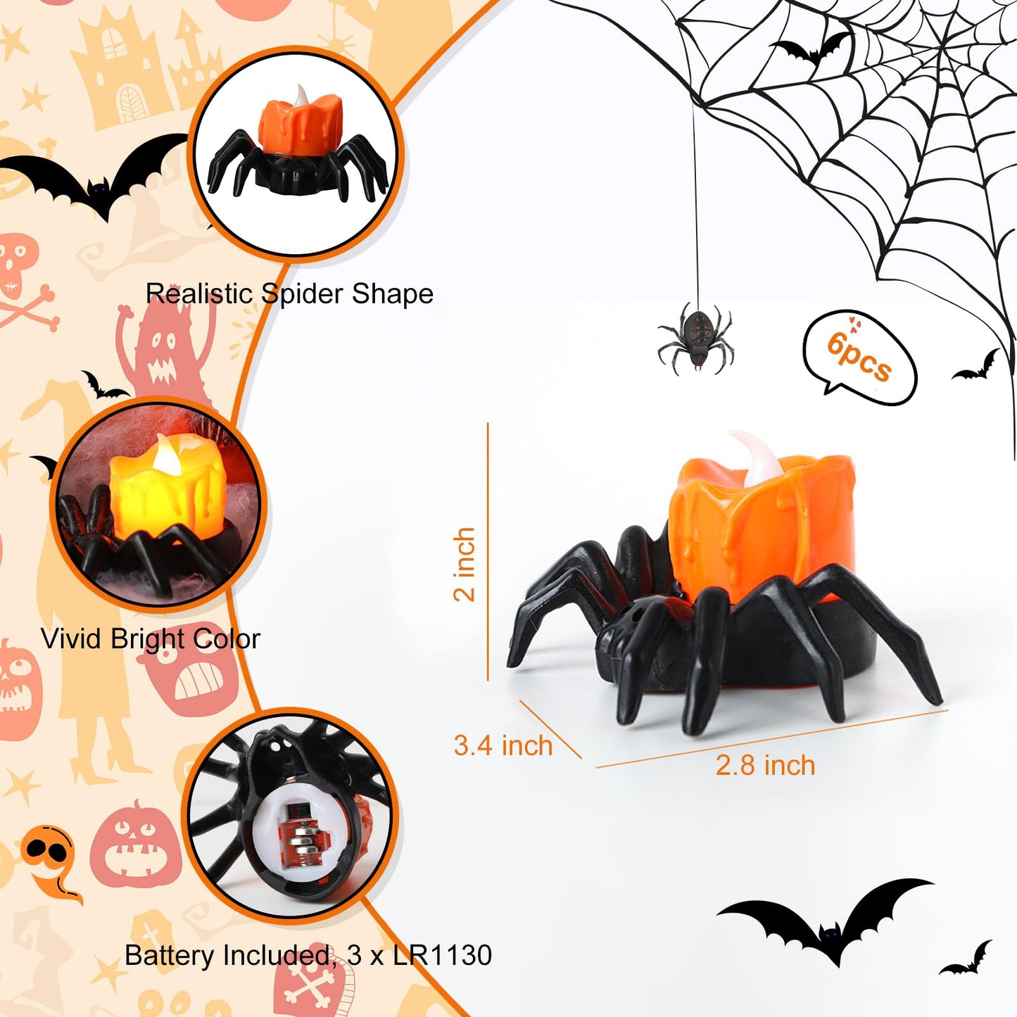 YBB 6 Pcs Halloween Spider Tea Lights, Novelty LED Flameless Spider Candle Holder Battery Operated Orange Tea Lamps for Halloween Party Table Home Spooky Decor