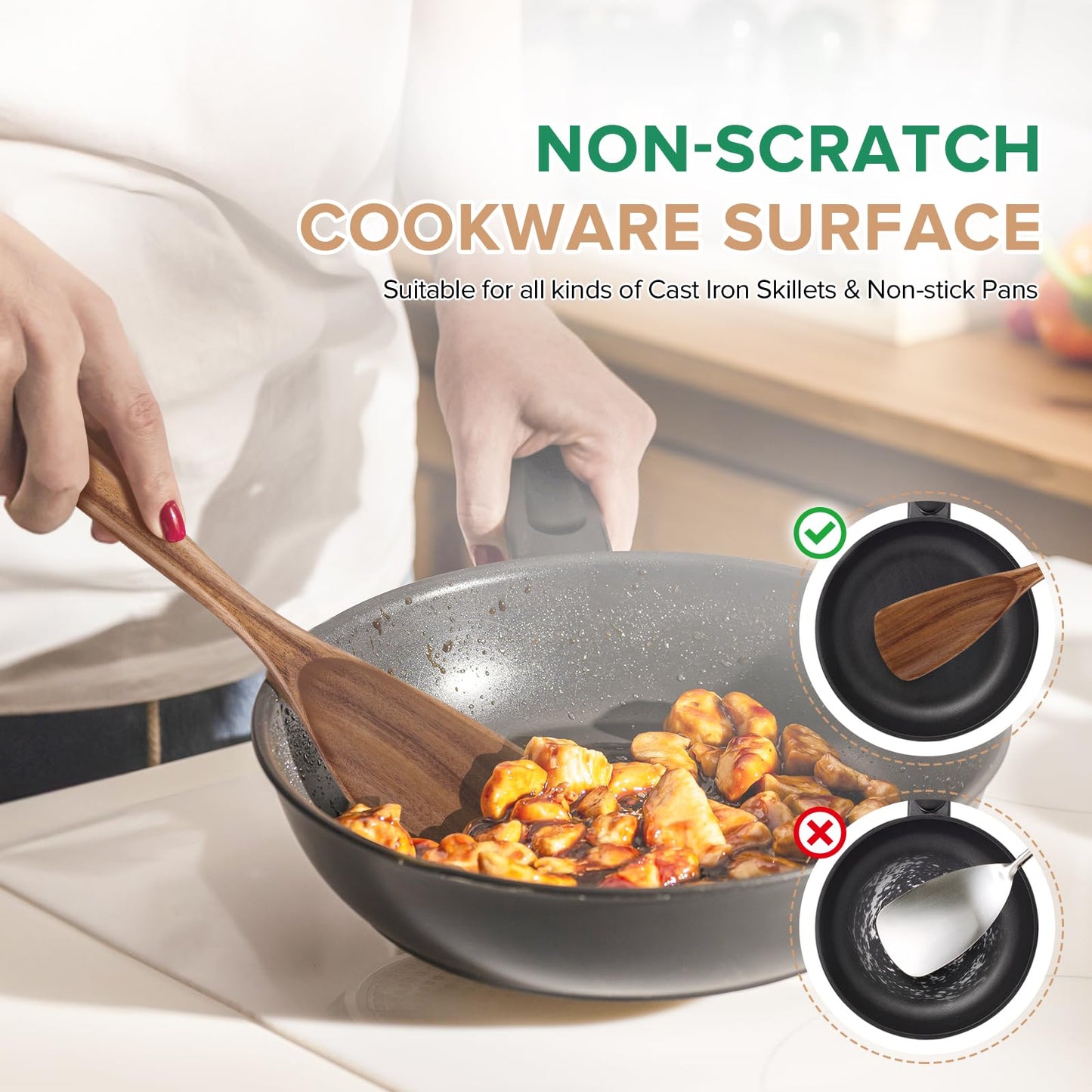 Wooden Spoons for Cooking, Multifunction Cooking Spoon Spatula, Teak Wood Handle Spoonula for Mixing Scoop Scrape, Wooden Kitchen Utensils for Cast Iron Skillets & Non-Stick Cookwares,11.4″,2 Pack