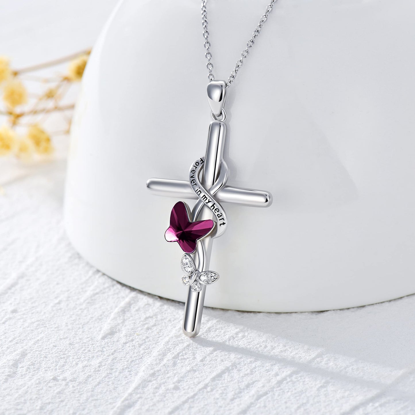 Flpruy Butterfly Cross Necklace 925 Sterling Silver for Women Forever in My Heart Crystal Butterfly Cross Necklace