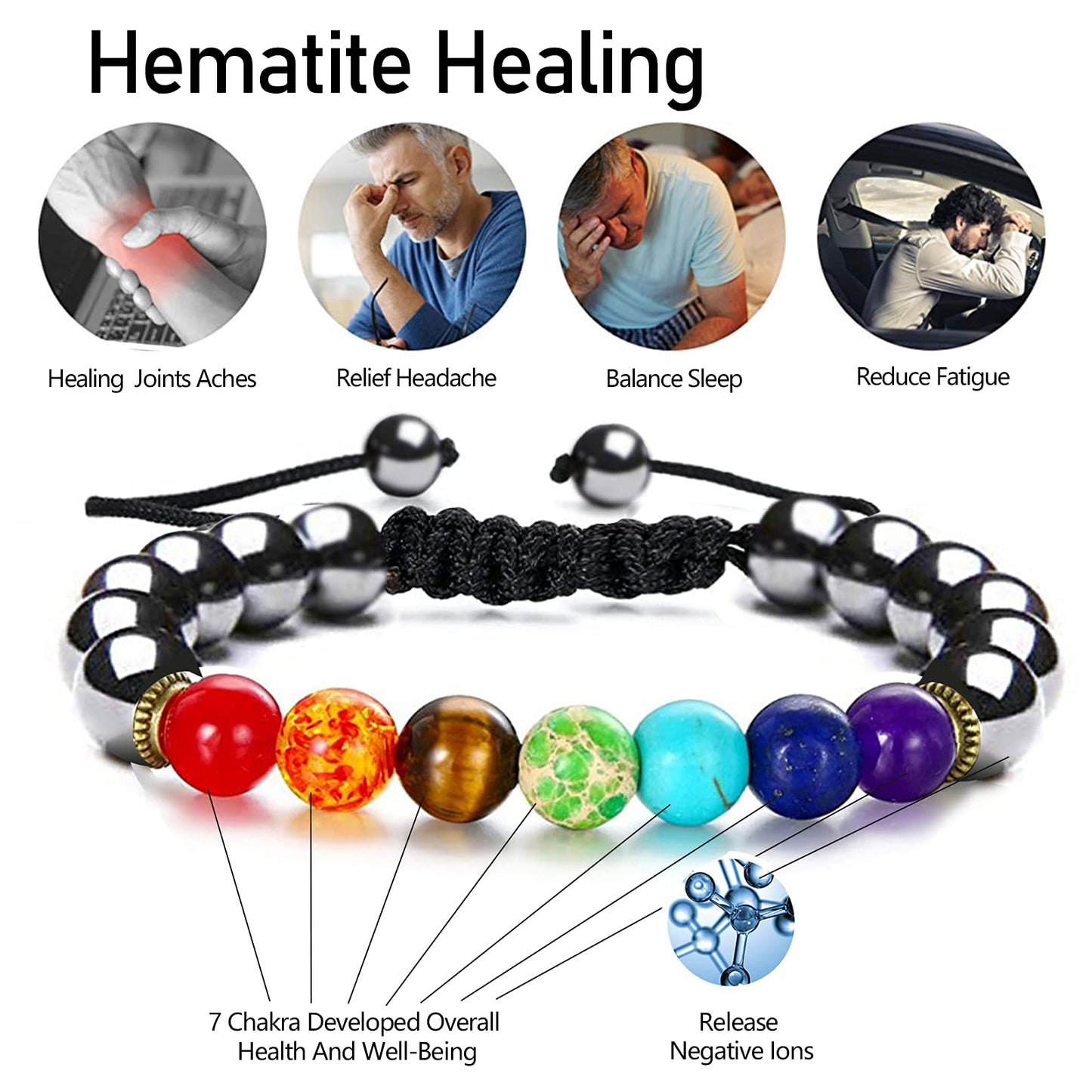 Hion Triple Protection Bracelet- For Meditation Relax- Anxiety Bracelet 7 Chakra Energy Healing Bracelet Relief Hematite Bracelet Set for Men Women