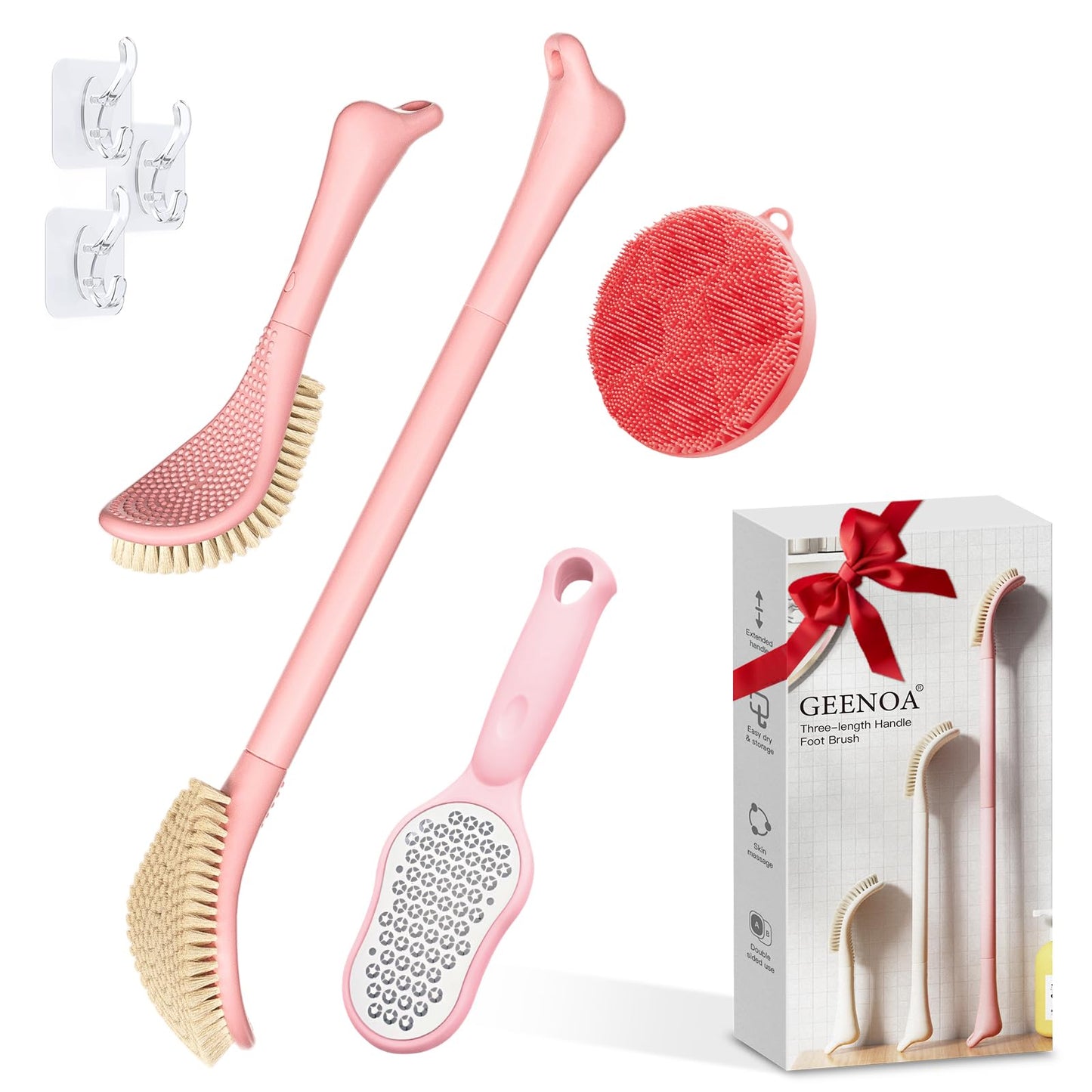 GEENOA Foot Brush/Foot File/Silicone Body Scrubber Set(3PCS), 3-in-1 Foot Scrubber with Long Handle, 10.2’’-27.5’’Adjustable Foot Scrub Brush with Foot File and Silicone Loofah, Gift-Box(Pink Set)