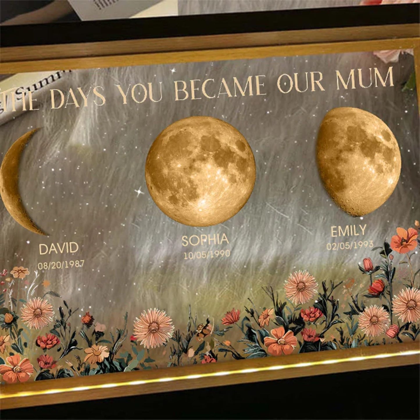 Custom Moon Phase Photo Frame with Night Light Personalized Moms Sky Moons Light Box with Kid's Name Birthdate Gift For Mother's Day Mom Grandma Anniversary Birthday (Acrylic Plaque, Moon & Flower)