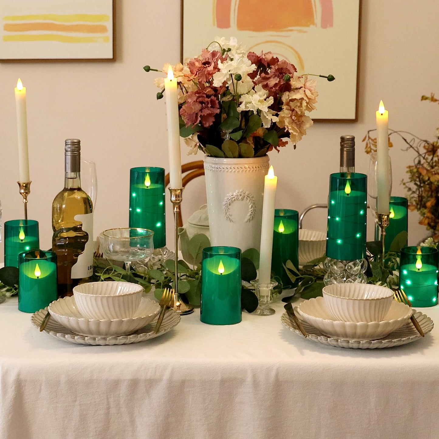 NURADA 3"x6""Flickering Flameless Candles: 3D Wick Acrylic Battery Operated LED Pillar Candles with Remote and Timer for St. Patrick's Day Home Holiday Forest Christmas Party Table Decor - Green"