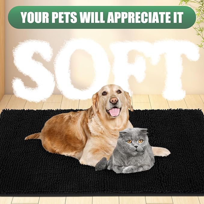 IM HOME Chenille Absorbent Outdoor Doormat 60" x 36", Washable Muddy Door Mats for Dog Non Slip Indoor Doormat Dog Mat for Muddy Paw Front Inside Doormats for Entryway Black