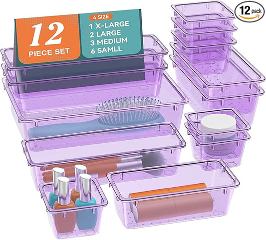 12-Piece Drawer Organizer Set, 4 Sizes Versatile Plastic Vanity Organizer for Makeup, Stationery, Gadgets, in Kitchen, Bathroom, Office, and Bedroom, Purple
