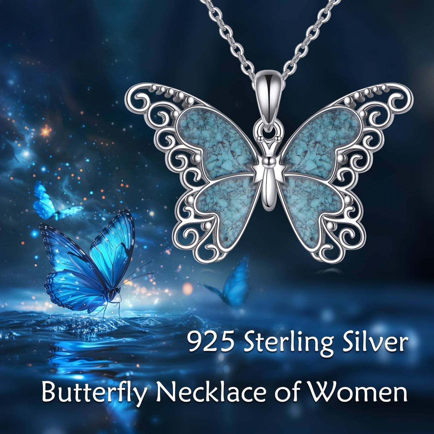 HKPATOP Butterfly Necklace 925 Sterling Silver Turquoise Necklace Butterfly Jewelry for Women