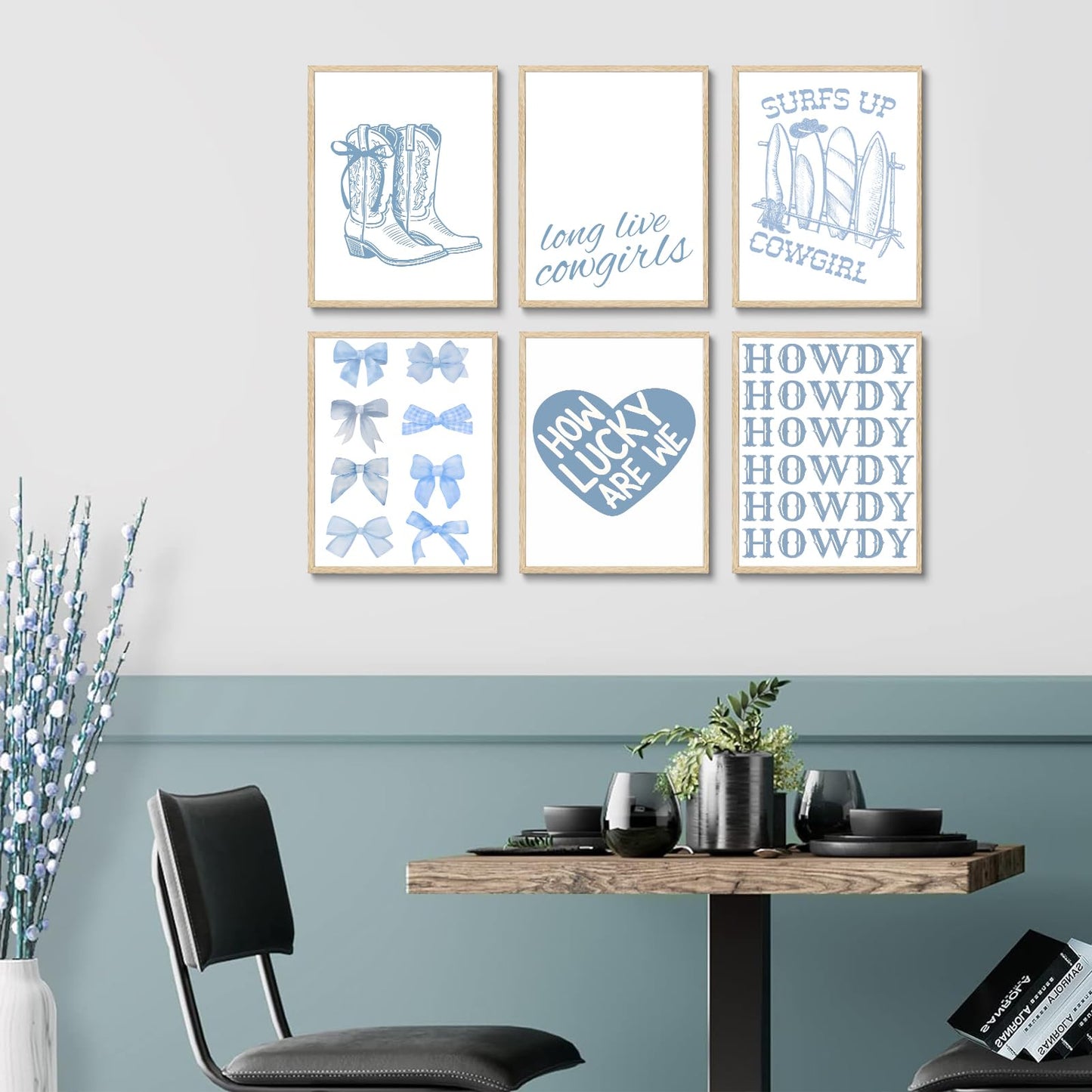 Coastal Cowgirl Wall Art Prints Set of 6 Trendy Blue Bow Boots Surfer Posters Coastal Granddaughter Preppy Aesthetic Wall Decor Pictures for Girly Bedroom Dorm Apartment Decoration Unframed 8x10in