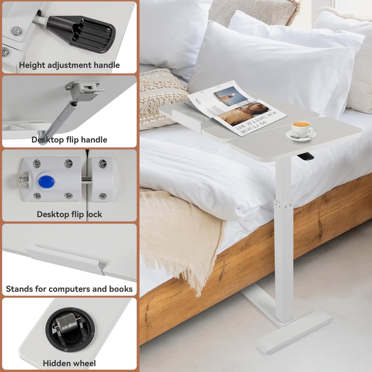 Kaixin Rabbit Height Adjustable Overbed Table，has Hidden Wheels and a Rotatable Tabletop，Can Be Used for Home Offices and Hospitals(White)