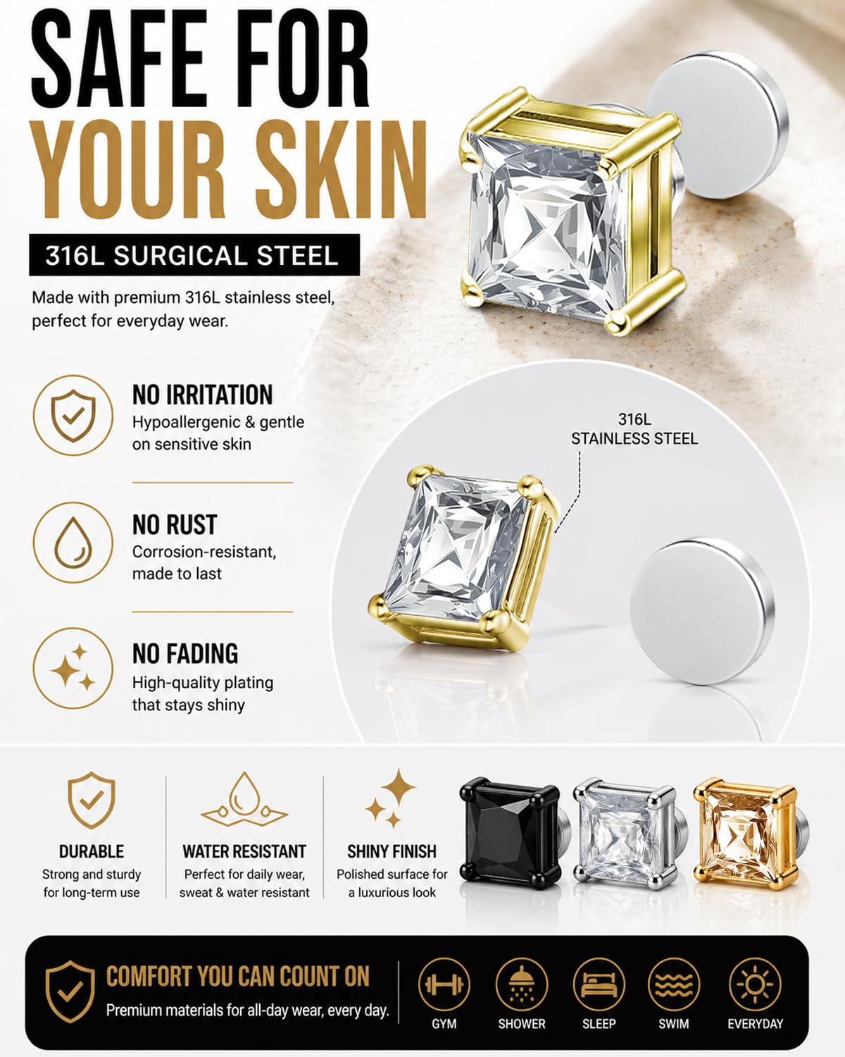 BEFOSHINN Magnetic Stud Earrings for Men and Women, No Piercing Needed, 5 Pairs 316L Stainless Steel CZ Clip On Ear Studs, 6mm Fake Earrings for Non Pierced Ears, Silver Black Gold Rose Gold