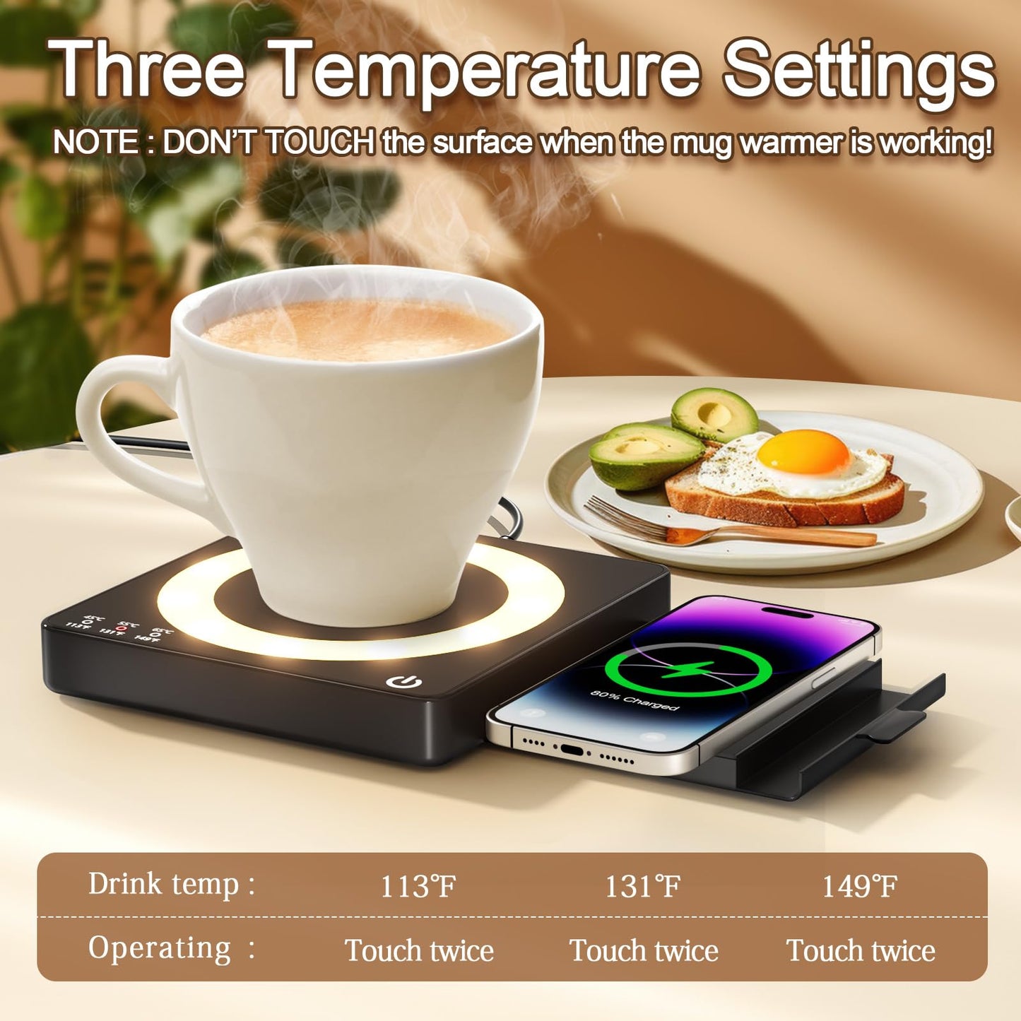 WHOLEV Coffee Mug Warmer, Smart Mug Warmer, 15W Wireless Phone Charging, 3 Heat Settings Temperature Controlled, 8H Auto Off, Candle Warmer, Safe for Heating Coffee, Beverage, Milk, Tea