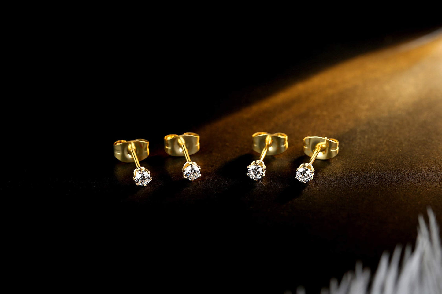 FOSIR 6 Pairs 4mm Women's 14K Gold Plated Stainless Steel Round Clear Cubic Zirconia Stud Earrings, 4mm CZ