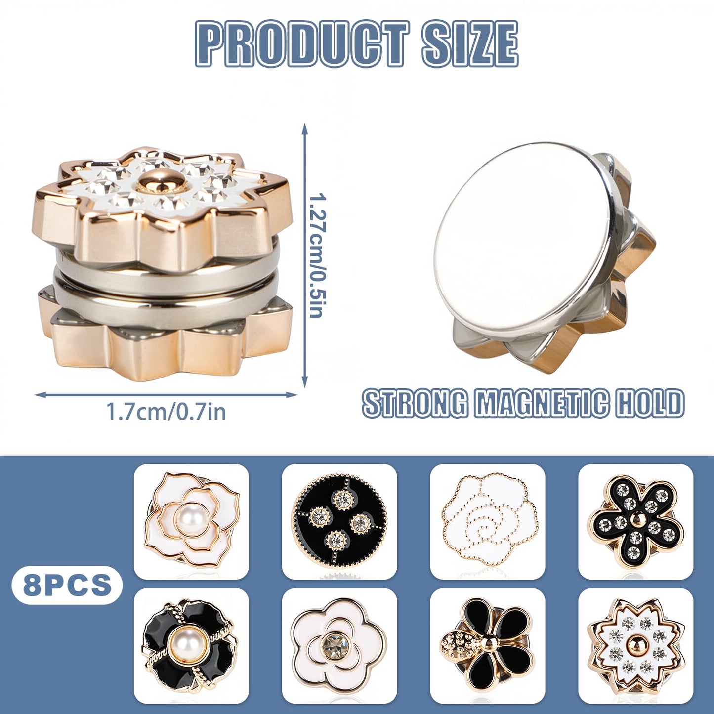 8PCS Hijabs Magnetic Pins, Multi-Purpose Strong Magnets Pins, Pinless Scarf Magnetic Pin, Rhinestones Brooch Small Scarf Clasp Pin for Women Clothes Scarves (Flower Shape)