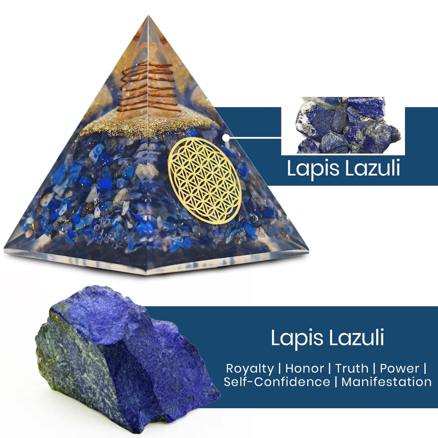 Real Crystal Lapis Lazuli Orgonite Pyramid, Healing Crystal Pyramid, Pyramid Crystal Gemstone Pyramid for Meditation, Motivation, Positivity - Handmade in India