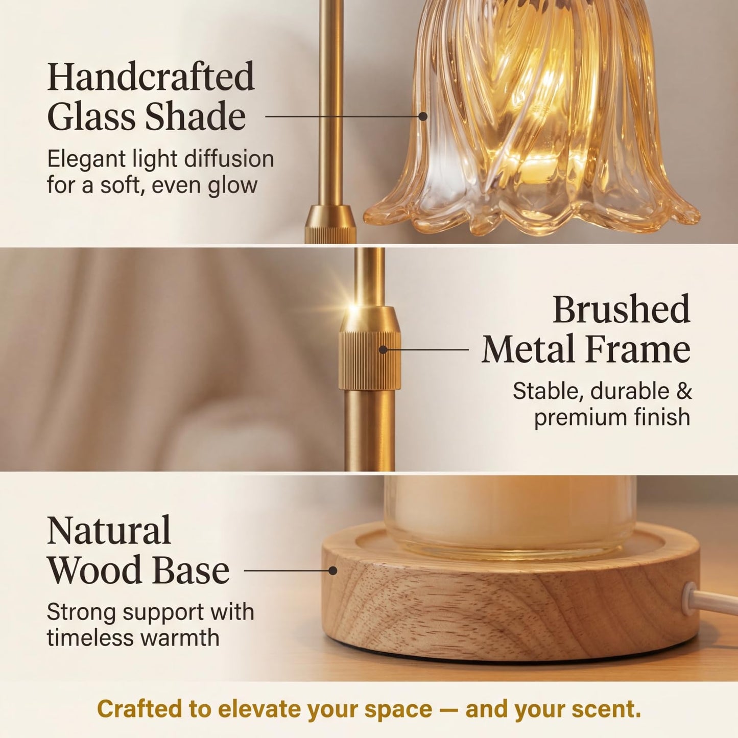 Candle Warmer Lamp with Timer Dimmable: Birthday Gifts for Women Adjustable Height Candles Light Warmers Lamps Gold Crystal Candle Warmer, House Warming Gift New Home Decor, for Women