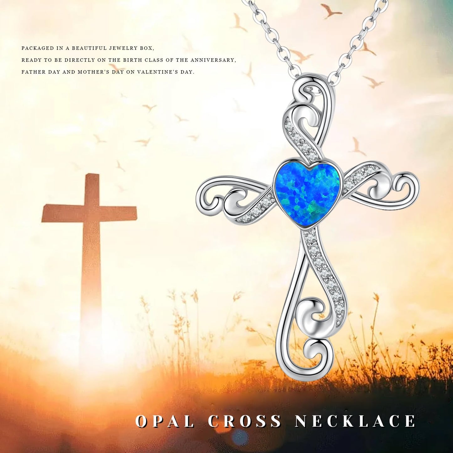 Twoowl Cross Necklace for Women 925 Sterling Silver Blue opal Cross Pendant Religious Necklace Cross Jewelry Gifts Birthday Christmas for Mom