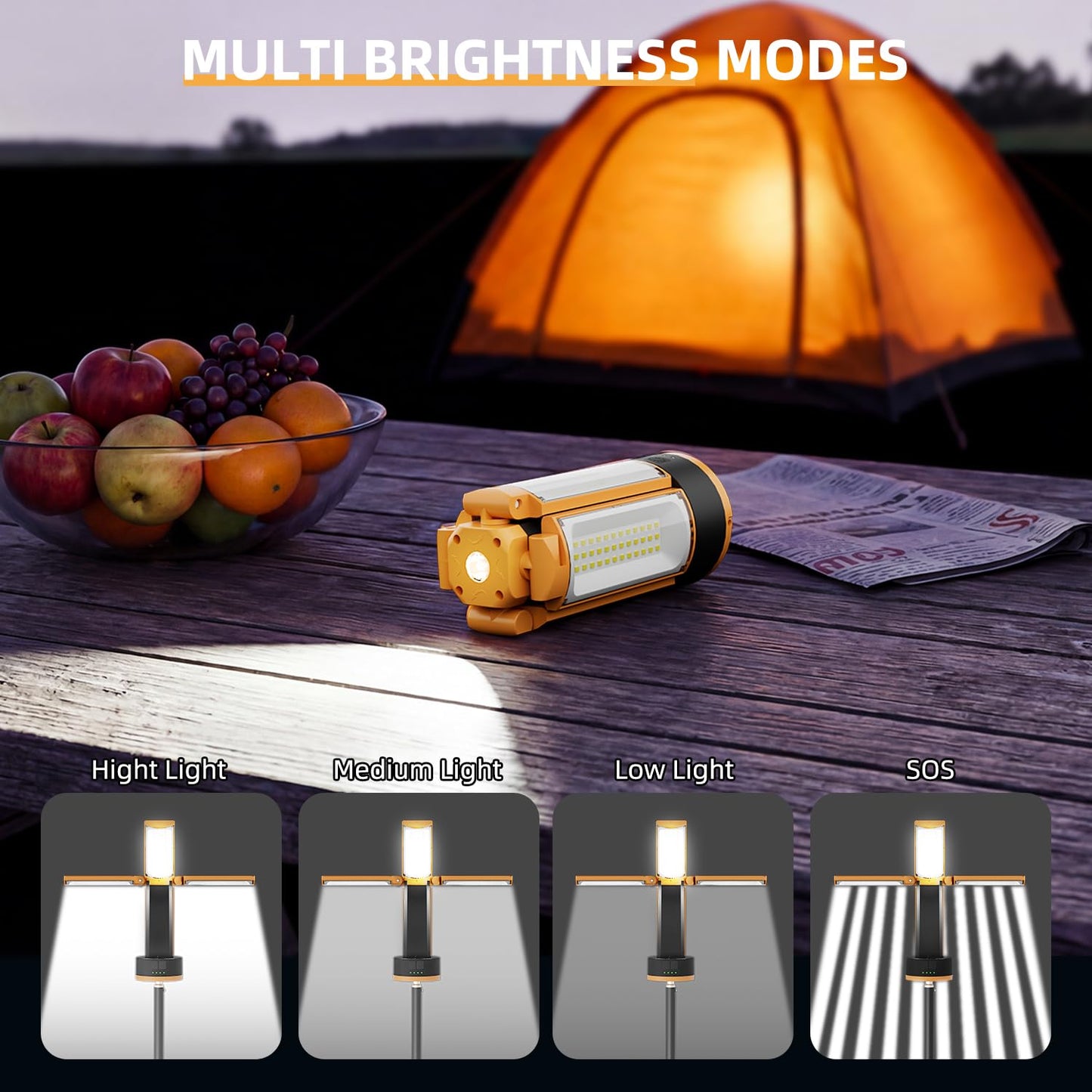 T-SUN Rechargeable Camping Light with Stand, 4 LED Lamp Heads for Wider, Fuller Coverage, 4100LM Tripod Work Light with Magnetic Base, Hook & USB-C, for Jobsite, Emergency, Camping (Orange)