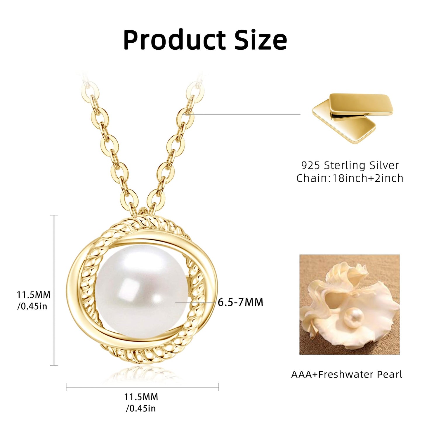 DENGGUANG Freshwater Pearl Pendant Necklace for Women, 925 Sterling Silver Single Pearl Necklace With Adjustable Chain, Wedding Birthday Jewelry for Her (Gold)