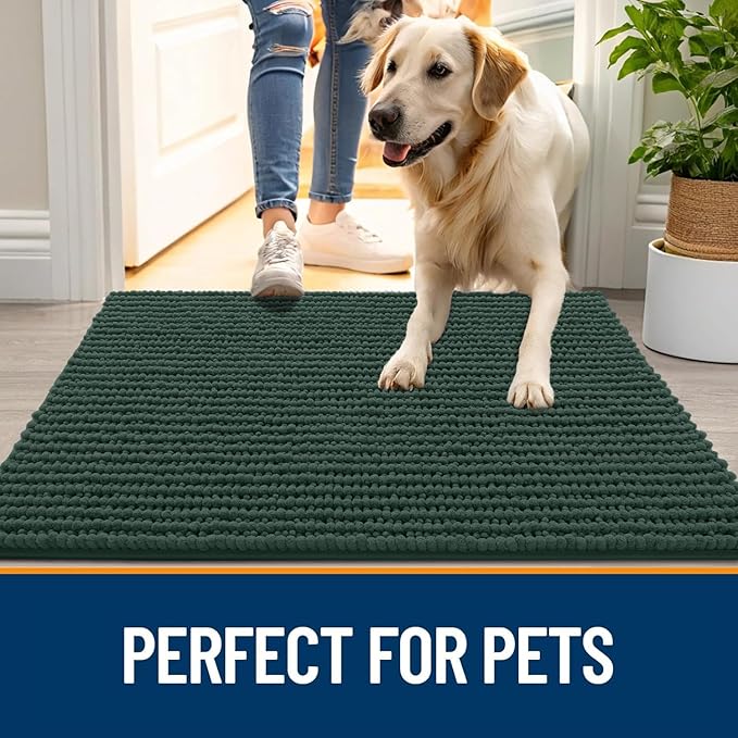 OLANLY Dog Door Mat for Muddy Paws 40x32, Ultra Absorbent Chenille Mud Doormat, Non-Slip Washable and Dirt Trapping Doormat for Indoor Entryway, Quick-Dry Indoor Pet Bed Mats for Dogs, Blackish Green
