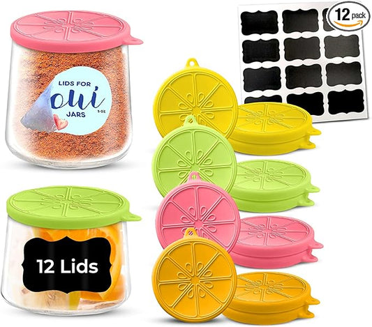 Food-Grade Silicone Oui Yogurt Jar Lids, La FermiÃ¨re Yogurt Jar Lids |Covers That Fit Yoplait Oui, Nounos, & Weck Small Jars | Cute Airtight Leakproof Tops â 12 pcs Set Silicone, Bright Citrus Colors
