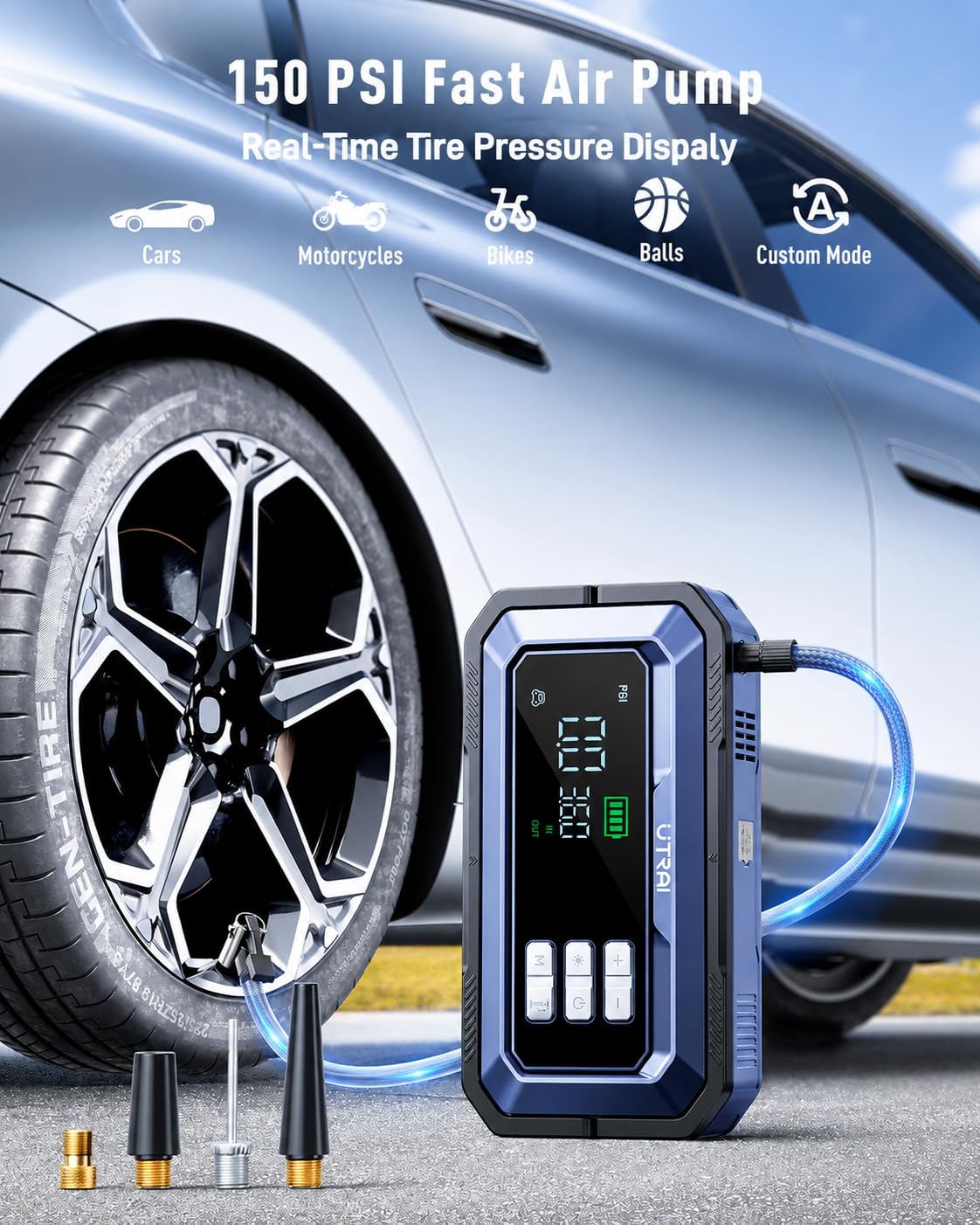 UTRAI Jump Starter with Air Compressor 150PSI, 8000A Peak 12V Jump Box for Car Battery (All Gas/12.0L Diesel), 160W DC Output Car Jumper Starter Portable, Jump Pack with OBD II Scanner, LED Light