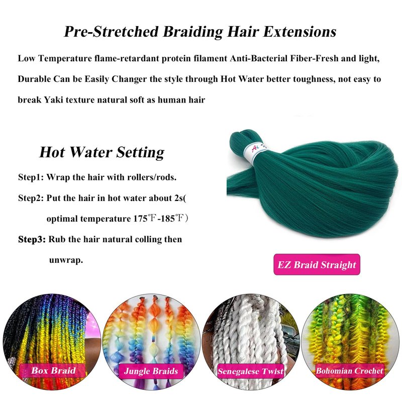 Ai Yuchen Pre Stretched Braiding Hair Green Knotless Teal Braiding Hair Pre Stretched Colored Hair Extensions for Braiding Box Braids Prestretched Braiding Hair 26 inch