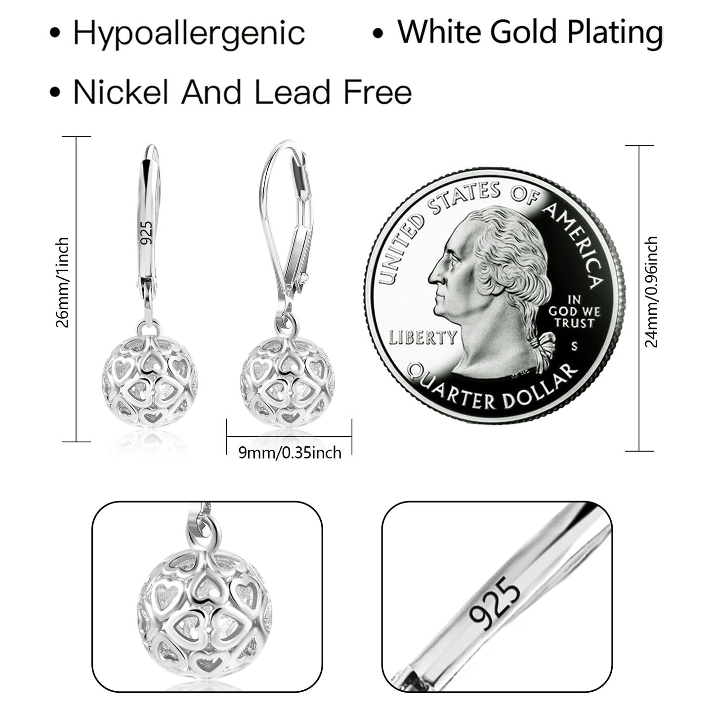 LANCHARMED 925 Sterling Silver Ball Dangle Drop Earrings for Women, Trendy French Style Heart Leverback Earrings Hypoallergenic Jewelry