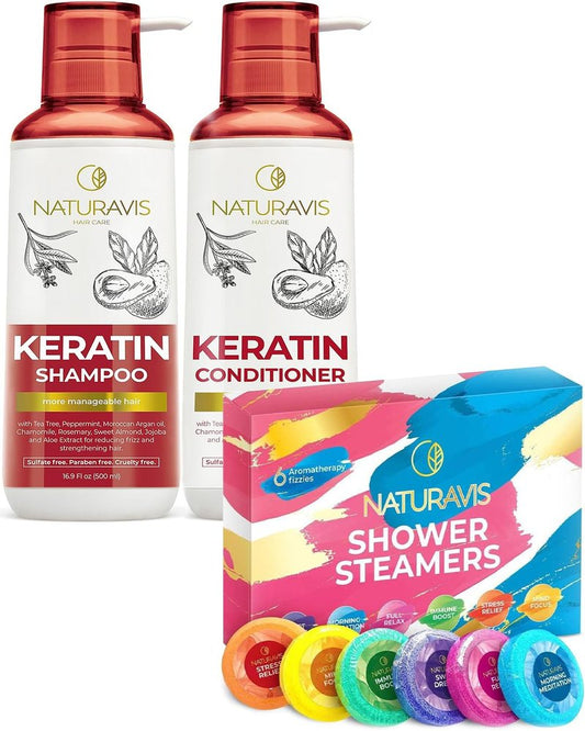NATURAVIS Shower Steamers Aromatherapy Gift Set and Keratin Shampoo and Conditioner Set with Hyaluronic Acid