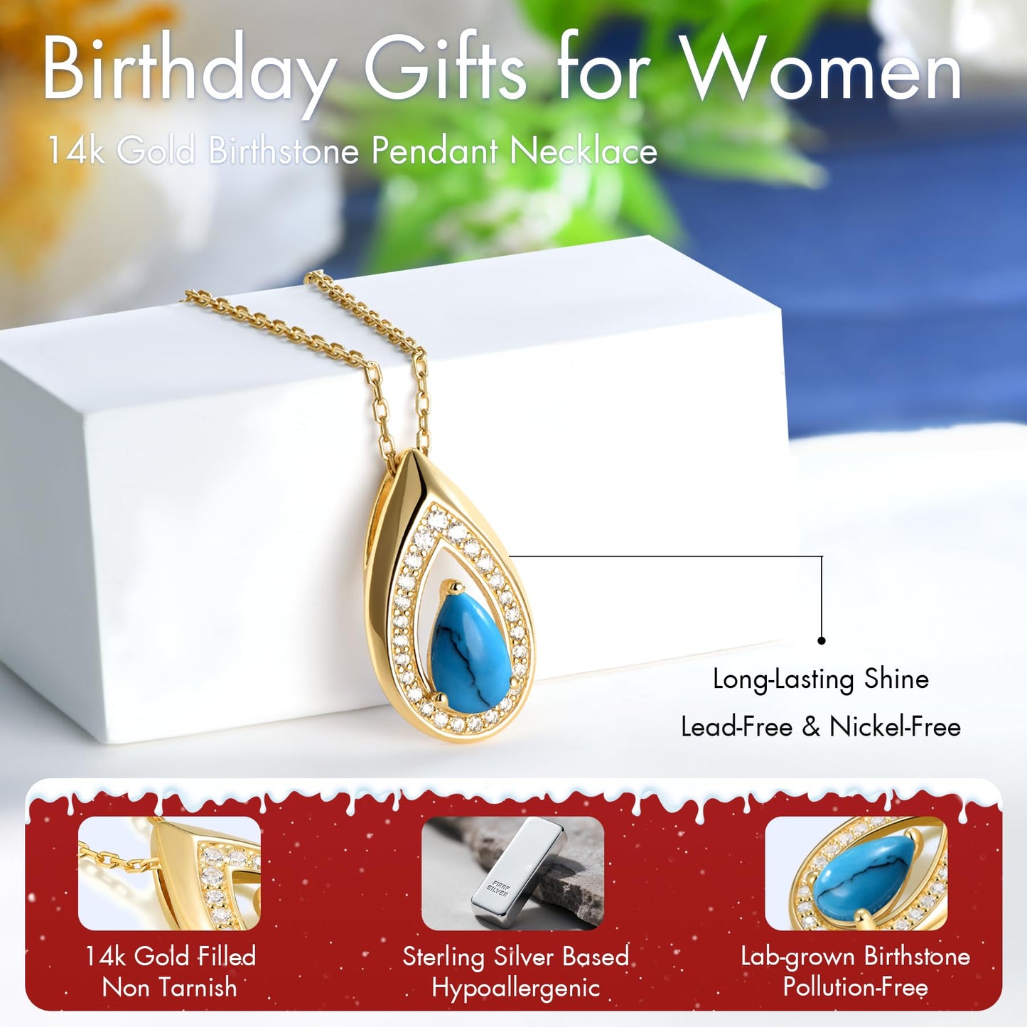 Kstyle 14k Gold Turquoise December Birthstone Pendant Necklaces for Women Valentine's Day Birthday Gift Anniversary Jewelry for Wife Daughter Grandma Mom Sister Non Tarnish