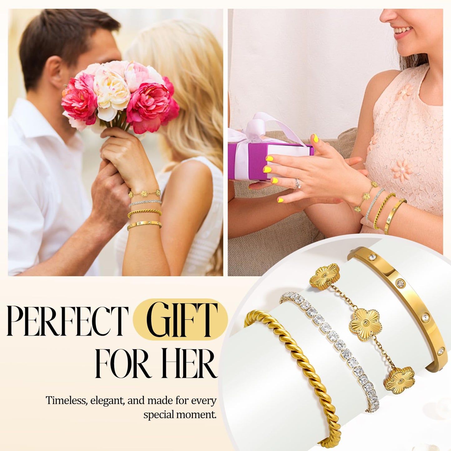MOINSPIRE 18K Gold Plated Bracelets for Women, Stainless Steel Four Leaf Clover Tennis Nail Love Bangle Bracelets Set, Trendy Stackable Twist Cuff Bracelet Non Tarnish Jewelry Gifts for Christmas