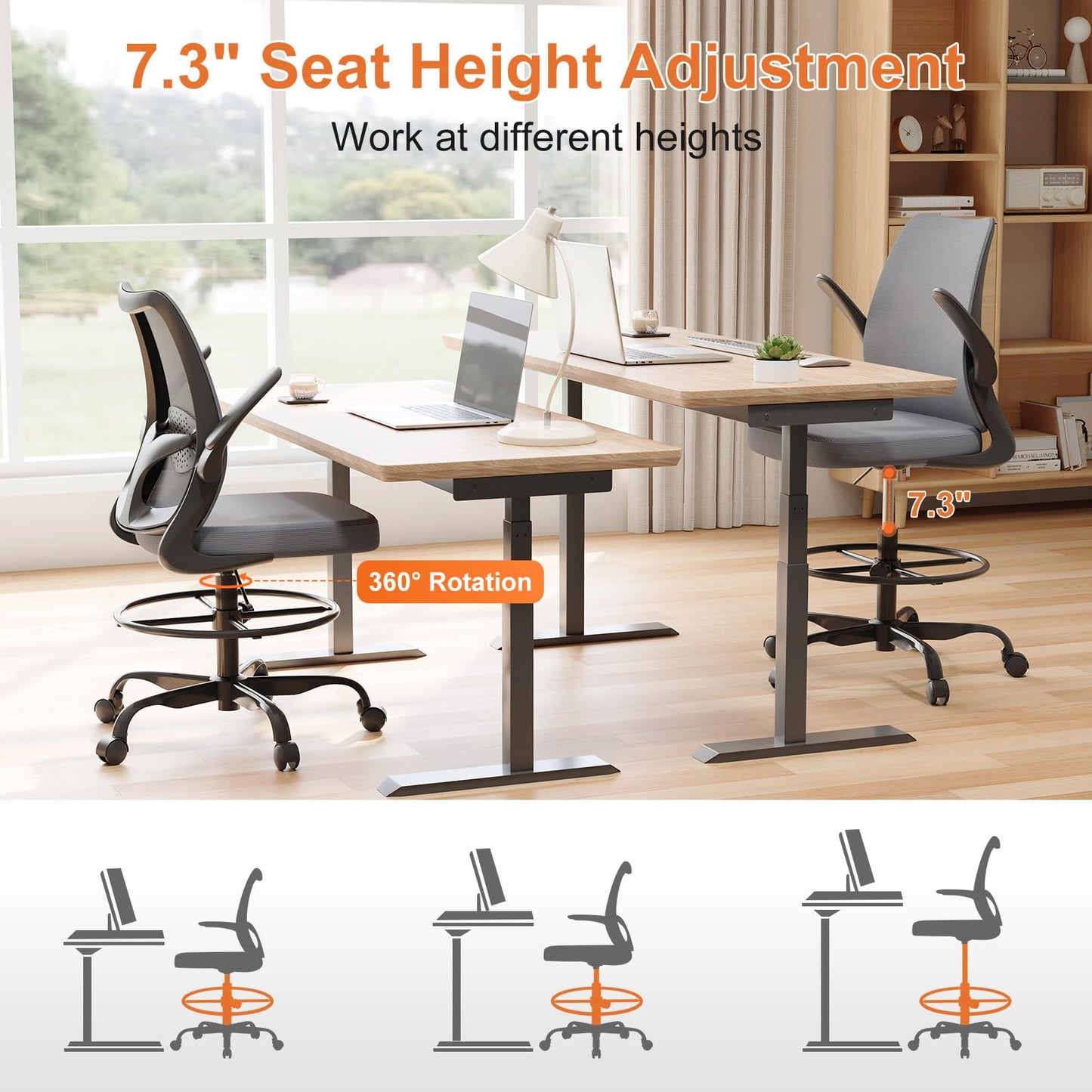 BERYTH Tall Office Chair for Standing Desks,High Desk Drafting Chair with Adjustable Footrest Ring,Ergonomic Lumbar Support,Flip-Up Armrests for Home Office,Grey