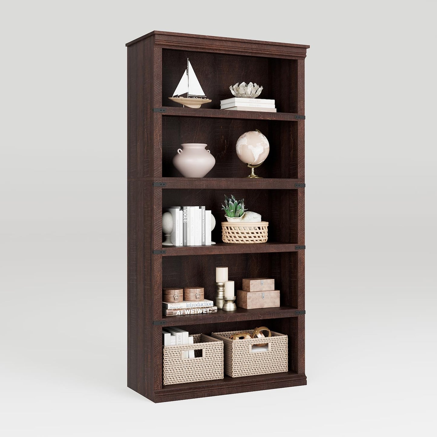 IDEALHOUSE 5 Tier Bookcase, Farmhouse Book Shelf with Storage Open Display Bookshelves, 67.4" Tall Book Case Wooden 5 Shelf Bookcase Home Decor Furniture for Home Office, Living Room- Reddish Brown