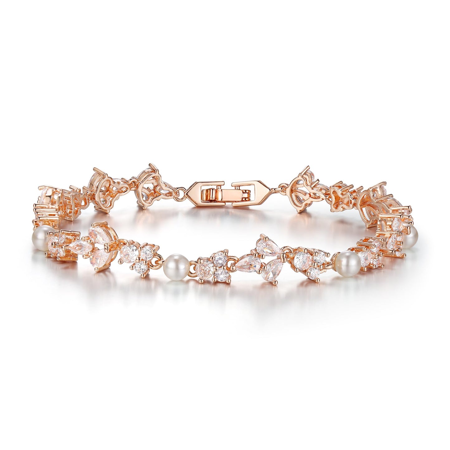 EVER FAITH Faux Pearl Wedding Jewelry for Bride Bridesmaid, Gorgeous Pear Shaped Cubic Zirconia Rose Gold-Plated-Brass Cream Simulated Pearls Tennis Bracelet for Women
