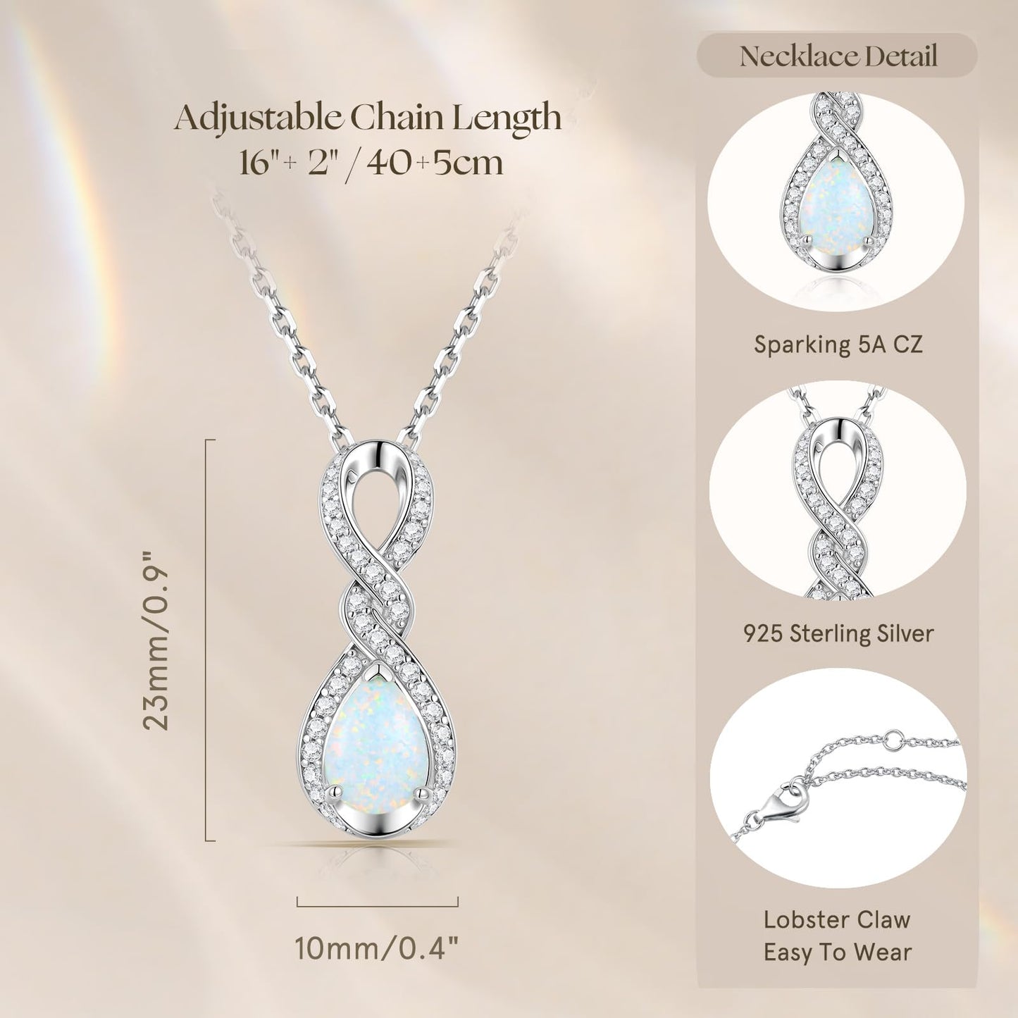FANCIME White Opal Necklace October Birthstone Sterling Silver Dainty Infinity Knot Pendant Necklace Gemstone Fine Jewelry Anniversary Birthday Graduation Mothers Day Gifts for Women Her Mom