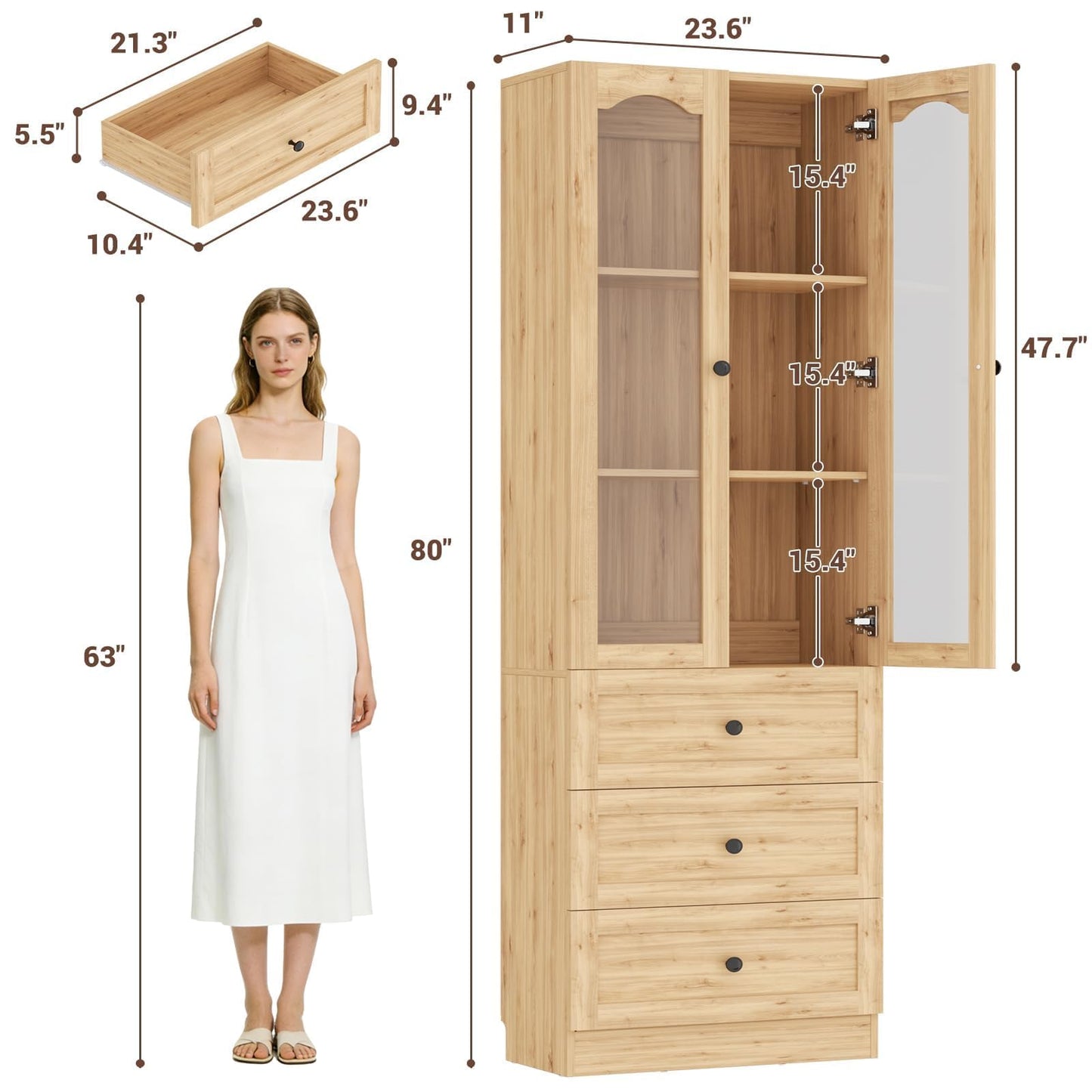 Cyclysio 80" Tall Pantry Cabinet for Kitchen Storage, Natural Oak Pantry Cabinet with Glass Doors & 3 Drawers - Freestanding Storage Bookcase with Built-in Baseboard Notch for Dining, Living Room