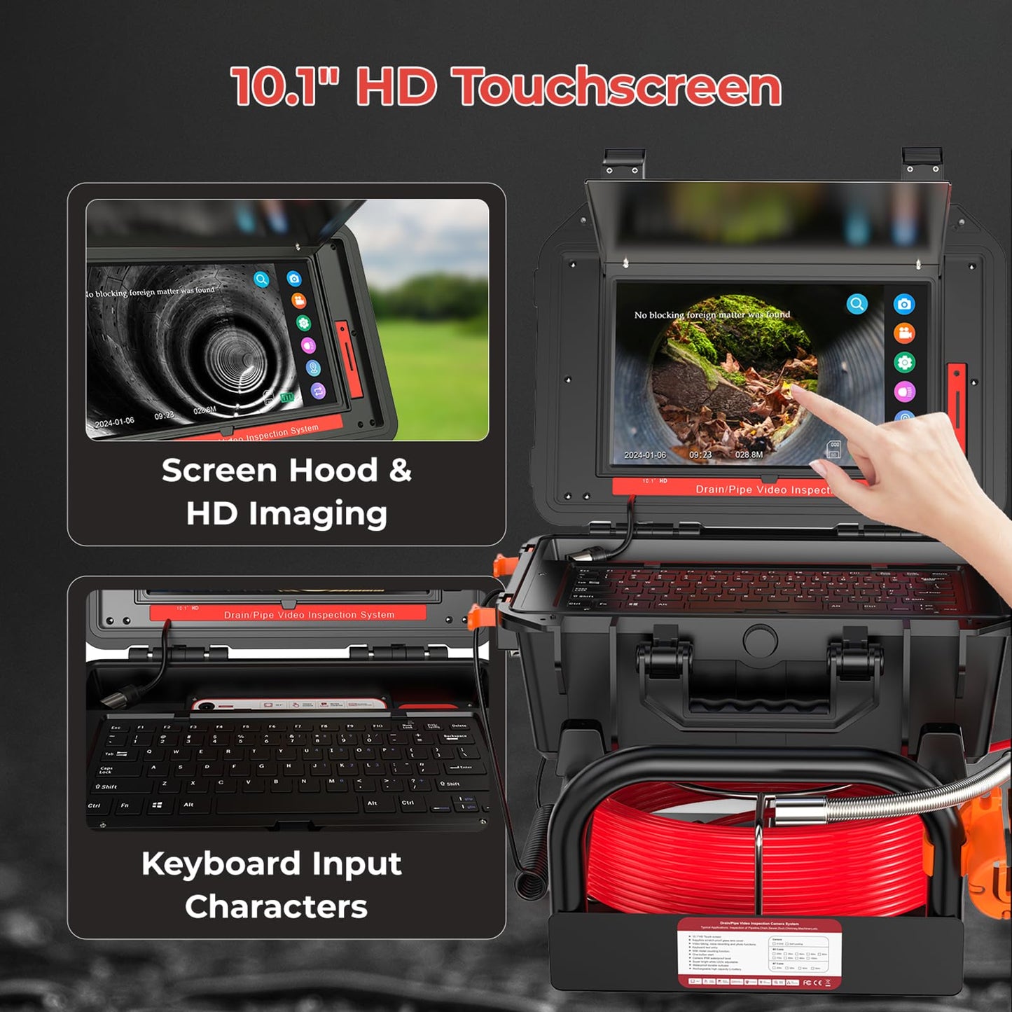 Oiiwak Sewer Camera with Locator, OK-S1 7mm Diameter Cable 10.1" Touch-Screen Sewer Inspection Camera with DVR for Drain Plumbing Pipe - 512 Hz Sending Set, Self-Leveling, Distance Counter, 165FT