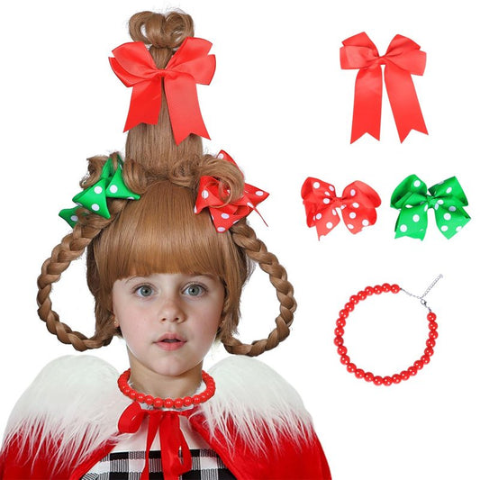 ColorGround Children's BLonde Braided Costume Wig with Red and Green Polka Dot Bows and Red Bead Necklace for Christmas Celebration Party(Blonde)