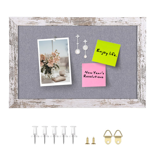 Aitakatta Gray Felt Bulletin Board, Small Decorative Hanging Bulletin Boards for Walls with White Rustic Wood Frame, 11.8x8.6 inches Pin Board Vision Board for Office Home School with Pins(2230,WH,1p)