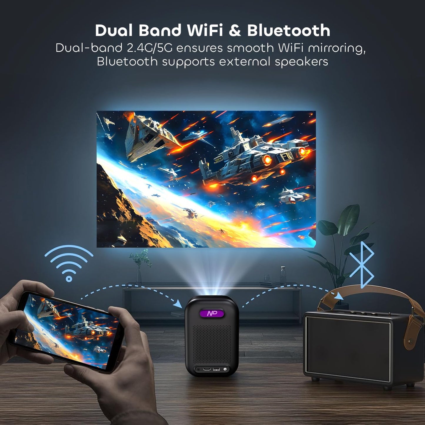 NothPJ Google TV Projector with WiFi Bluetooth, 1080P Full Ultra HD 4K Supported, Smart Projection for Home Theater Movie, Outdoor Portable Mini HDMI NothingProjector NP One