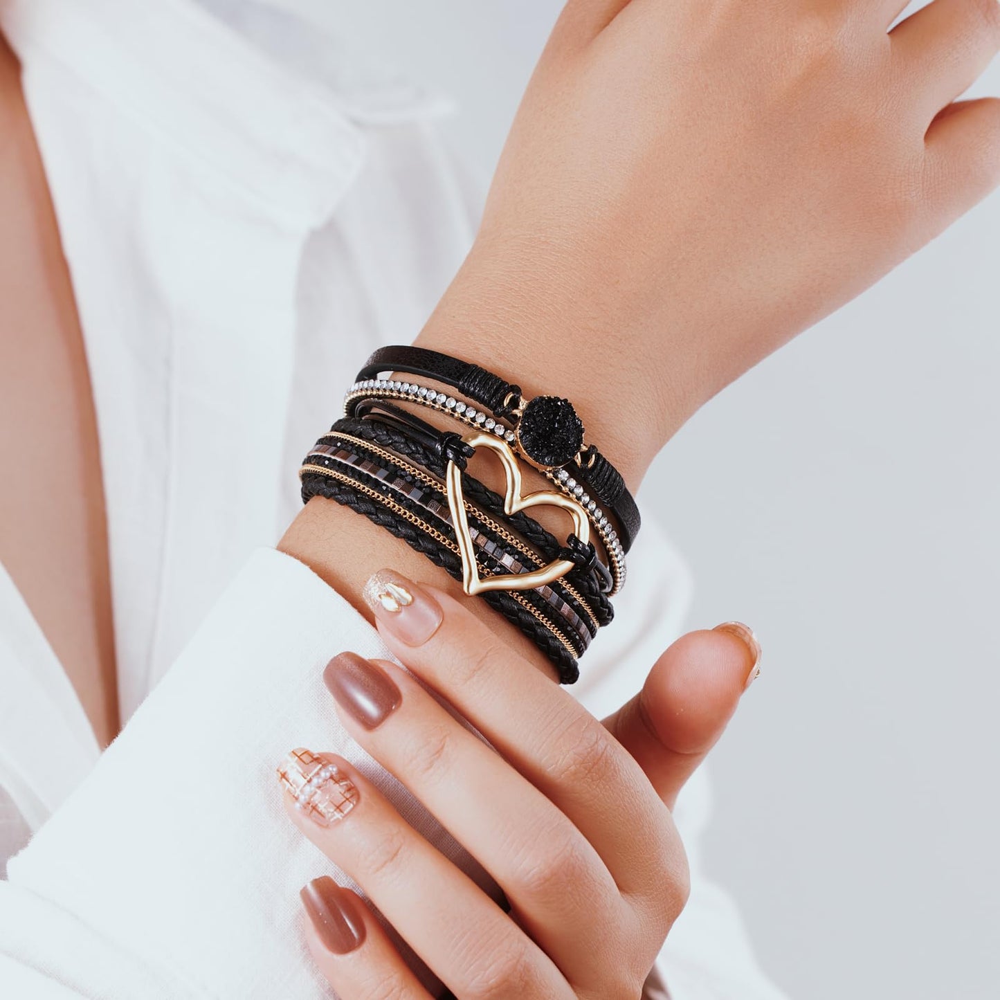 Becklynn Boho Leather Wrap Bracelets Beaded Crystal Stackable Cuff Bracelet with Magnetic Clasp Cowboy Cowgirl County Concert Outfits Western Jewelry Gifts for Women(Heart Black)