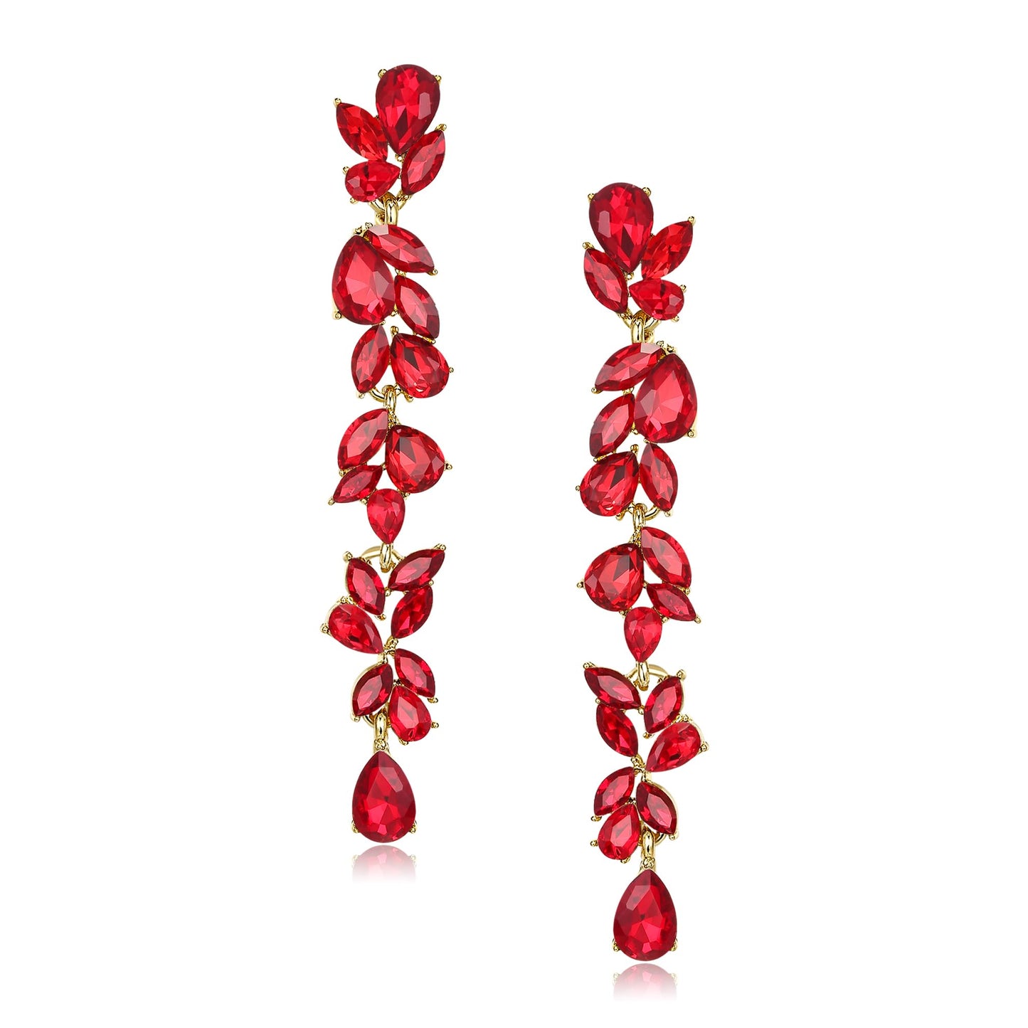 EVER FAITH Rhinestone Crystal Chandelier Dangle Earrings for Women, Art Deco Marquise Teardrop Bridal Wedding Long Drop Earring for Prom Red Gold-Plated-Base