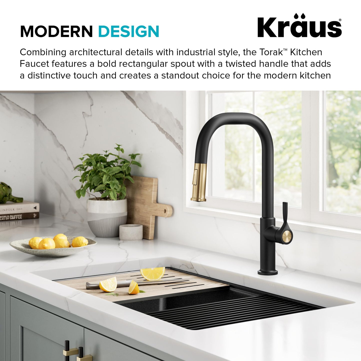 KRAUS Torak Pull Down Kitchen Faucet in Spot-Free Brushed Brass/Matte Black with 2 Function Sprayer, Pre-Attached Water Lines, and Mounting Hardware, KPF-2841SFBBMB
