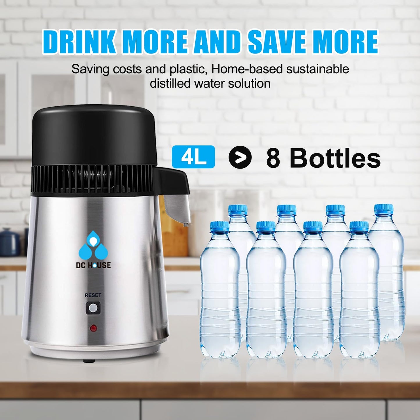 DC House Distilled Water Machine 1 Gallon, Stainless Steel Water Distiller for Home Countertop 110V 750W Purifier for Humidifier Office CPAP with Smart Switch, Glass Pot
