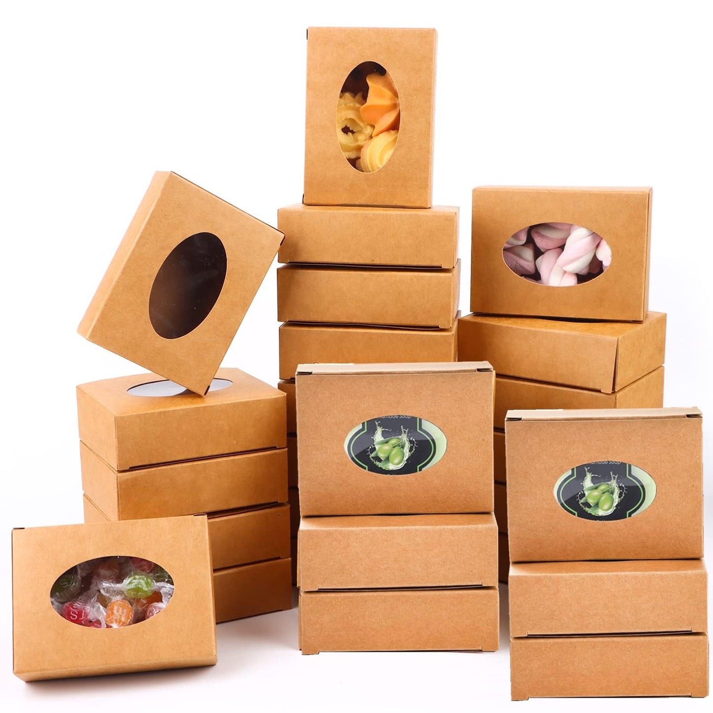 Zentriqlla 120 Pack Paper Soap Boxes, Kraft Treat Box with Window, Favor Packaging Boxes for Wedding, Birthday, Party, Homemade Bakery Candy Party Treats, Easy to Assemble