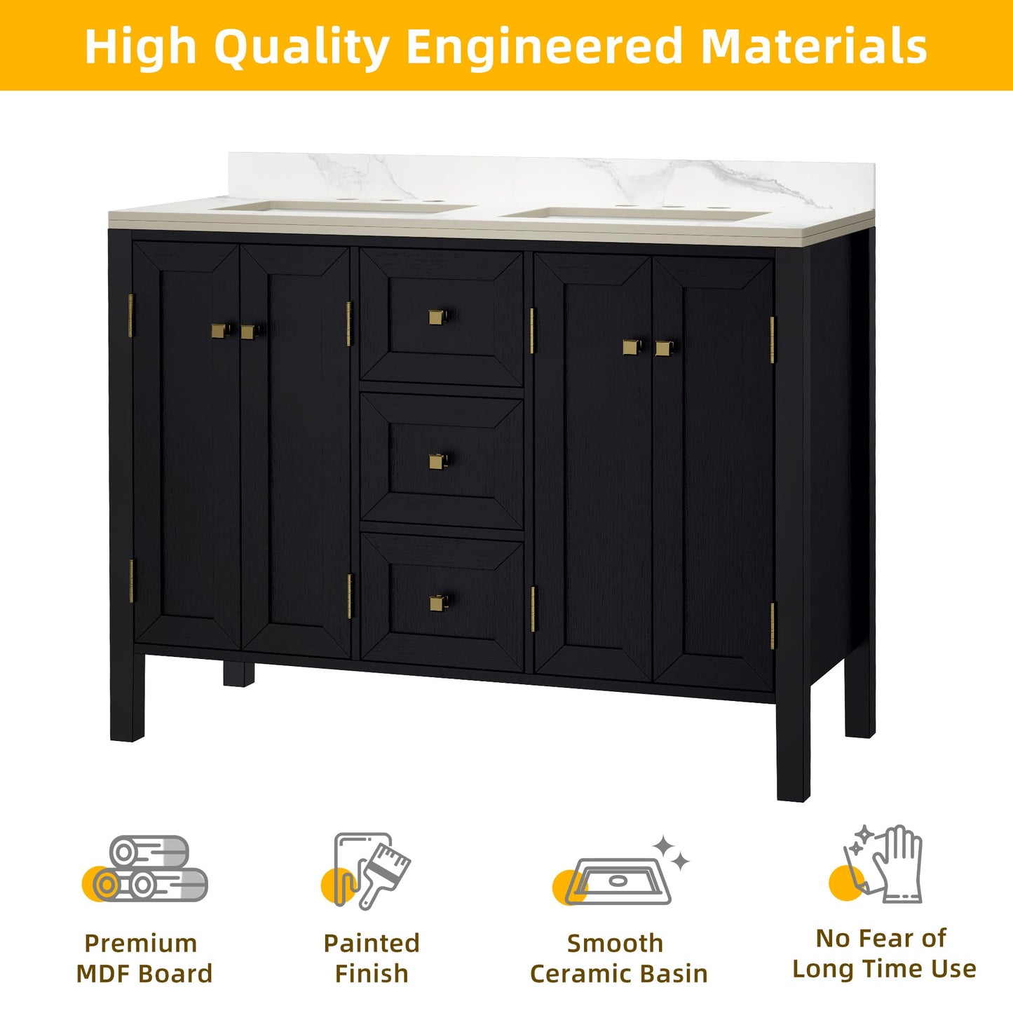 YITAHOME 47 Inch Bathroom Vanity with Double Sink, Retro Bathroom Storage Cabinet with Sintered Stone Countertop, Six Holes, 4 Doors & 3 Drawers