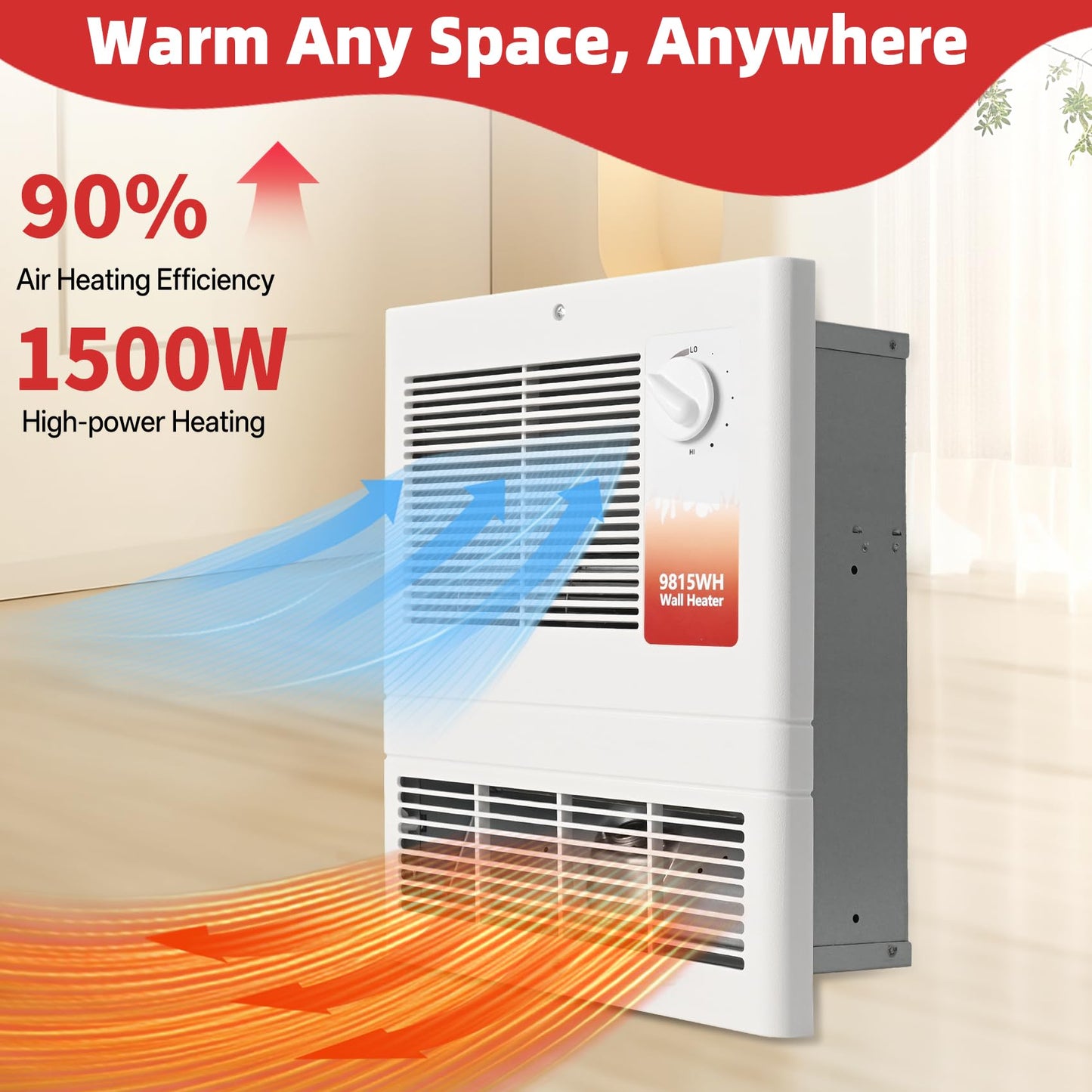 9815WH Large Capacity Electric Wall Heater, High Capacity Wall Heater with Built-In Adjustable Thermostat and Silent Motor, 1500 W, 120/240 V, Overheat Protection