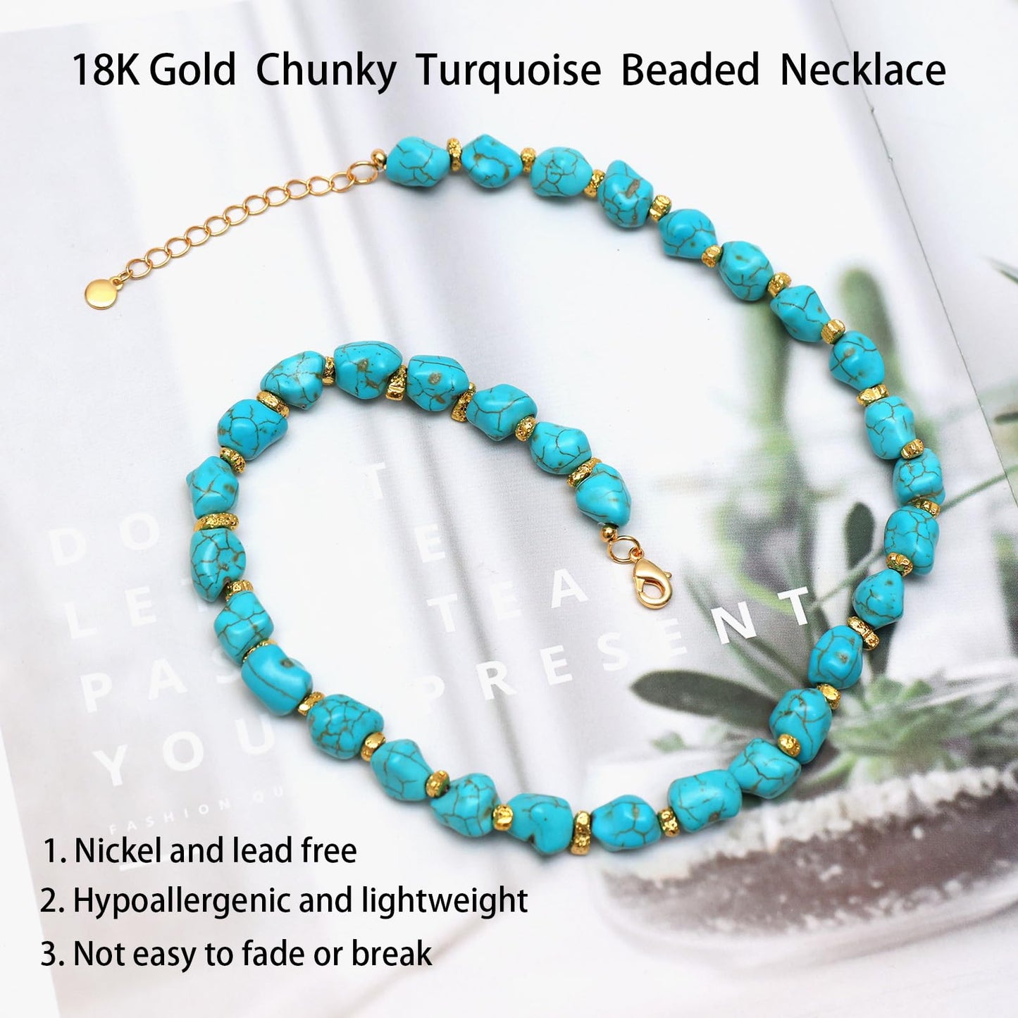 Chunky Turquoise Necklace, 18K Gold Chunky Turquoise Beaded Statement Necklaces for Women Handmade Boho Natural Stone Bohemian Summer Beach Bead Necklace Blue Trendy Western Jewelry 17 Inches