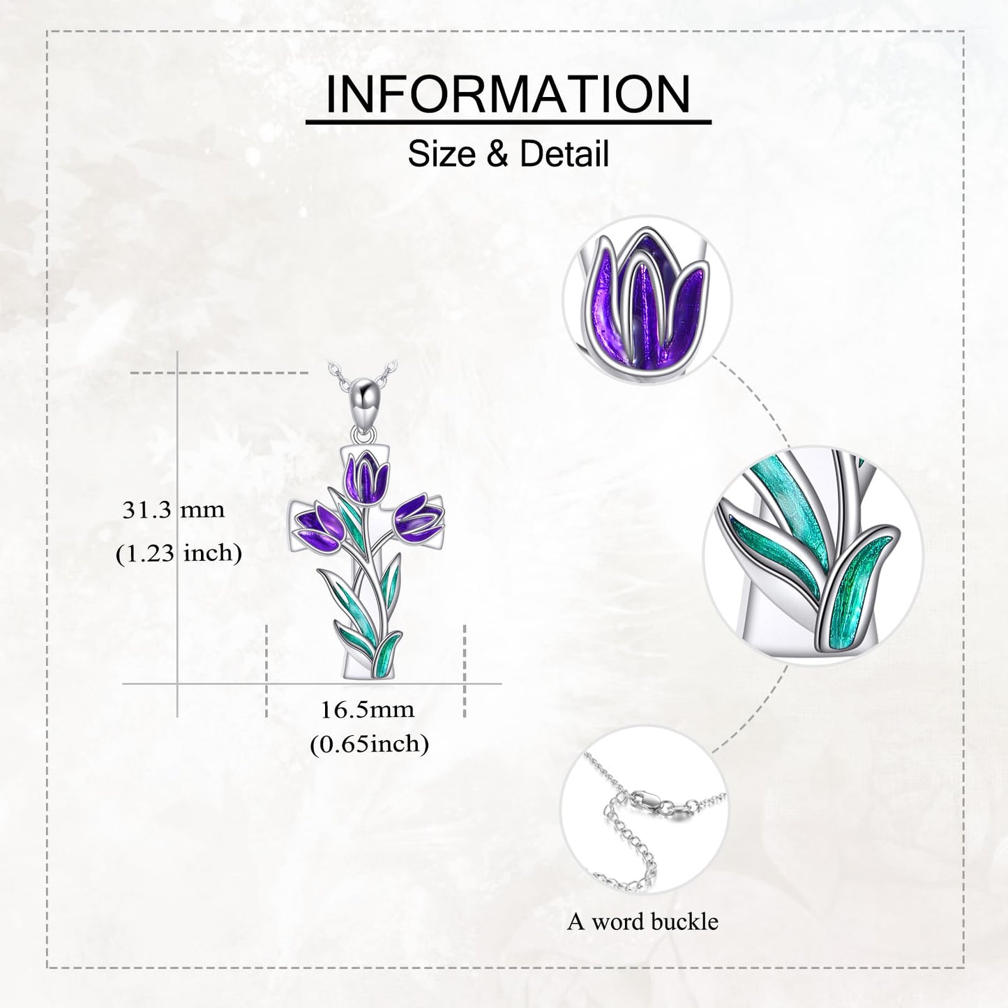 JERWLI Tulips Necklace 925 Sterling Silver Purple Tulips Flower Cross Pendant Necklace Birth Flower Jewelry for Women